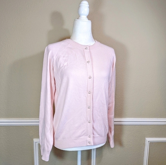 Vintage Sweaters - Pink & Pearl Cardigan Crewneck Sweater by Hampshire Studio